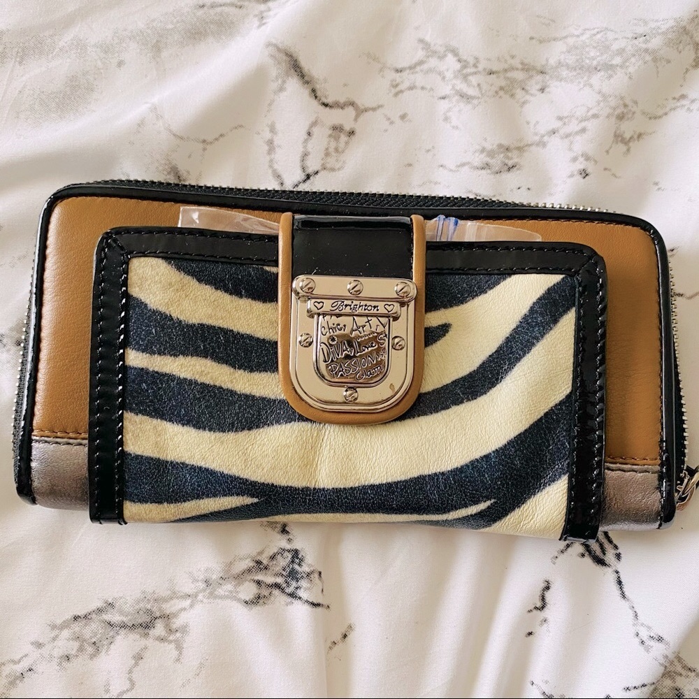 Brighton Black Tan Cream Zebra Crossbody Wallet